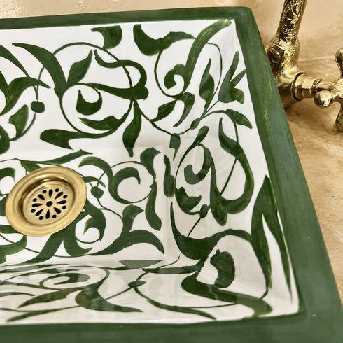 Verdant Riad Rectangular Ceramic Sink – Hand-Painted Green Vine Basin