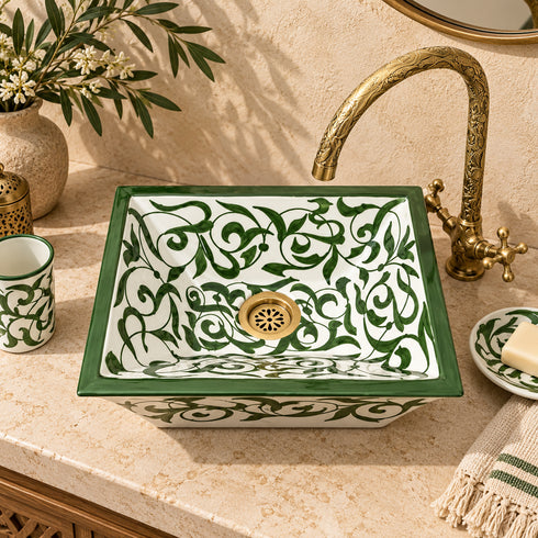 Verdant Riad Rectangular Ceramic Sink – Hand-Painted Green Vine Basin