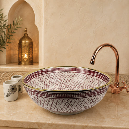 Rose Medina Ceramic Vessel Sink – Burgundy Lattice Basin with Gold Rim
