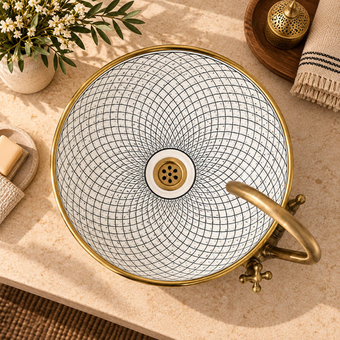 Atlas Pearl Ceramic Vessel Sink – Black Lattice Design with Brass Rim