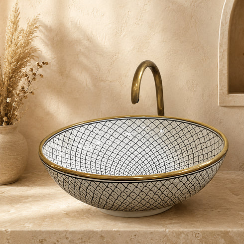Atlas Pearl Ceramic Vessel Sink – Black Lattice Design with Brass Rim