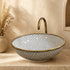 Atlas Pearl Ceramic Vessel Sink – Black Lattice Design with Brass Rim