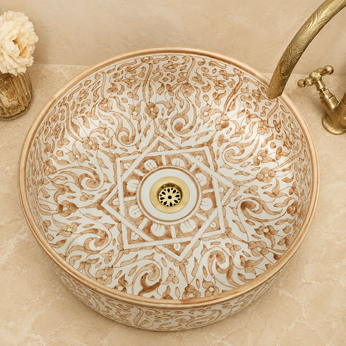 Desert Bloom Ceramic Vessel Sink – Sand Floral Moroccan Basin