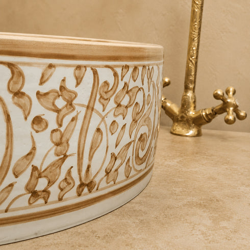 Desert Bloom Ceramic Vessel Sink – Sand Floral Moroccan Basin