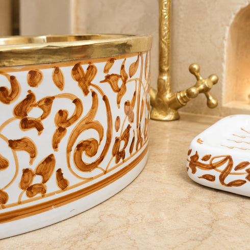 Marrakech Amber Floral Ceramic Vessel Sink – Brass Rim Artisan Basin