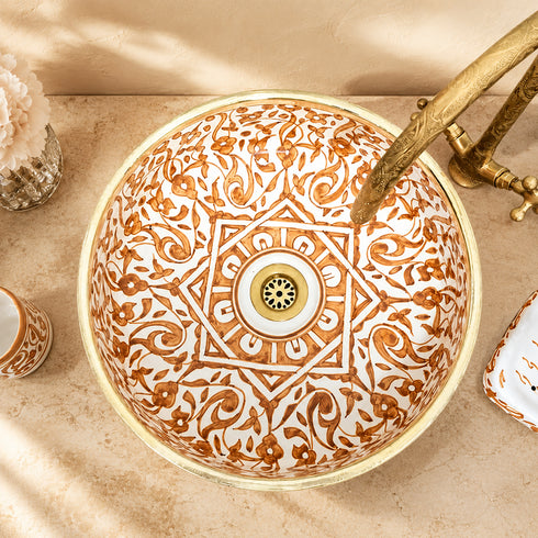 Marrakech Amber Floral Ceramic Vessel Sink – Brass Rim Artisan Basin