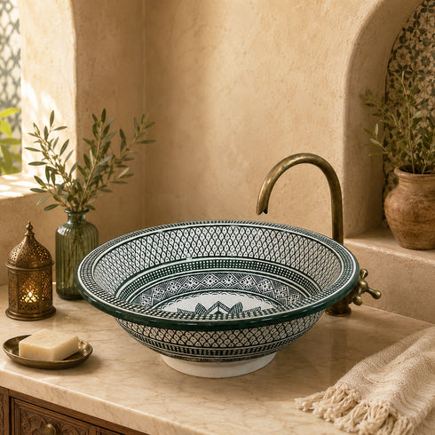Emerald Riad Ceramic Vessel Sink – Green Geometric Moroccan Basin