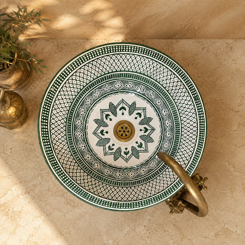 Emerald Riad Ceramic Vessel Sink – Green Geometric Moroccan Basin
