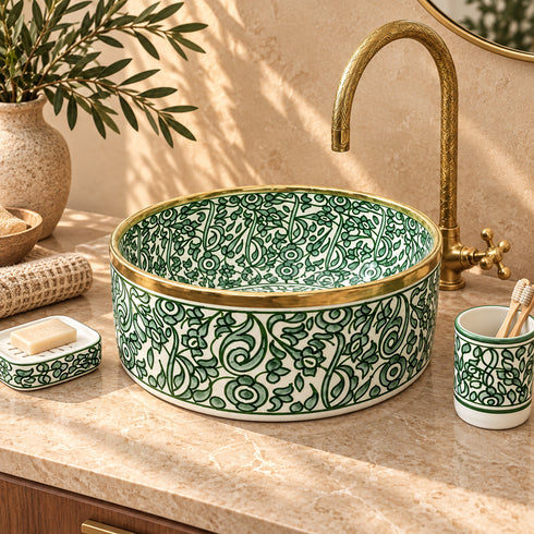Jardin de Fès Ceramic Vessel Sink – Green Floral Basin with Brass Rim