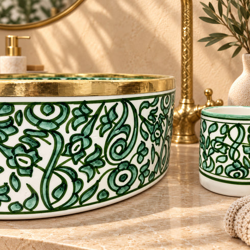 Jardin de Fès Ceramic Vessel Sink – Green Floral Basin with Brass Rim