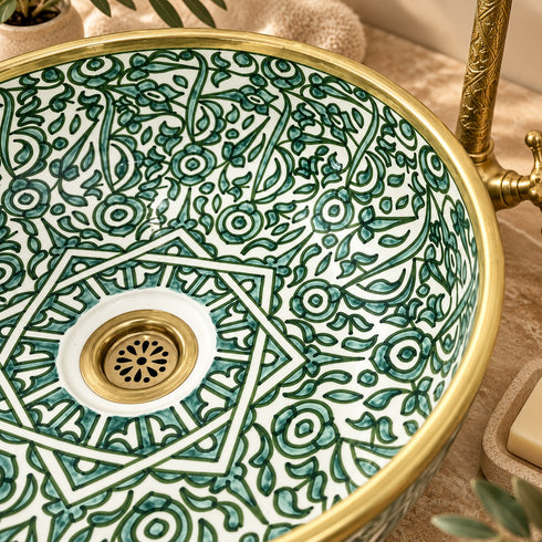Jardin de Fès Ceramic Vessel Sink – Green Floral Basin with Brass Rim