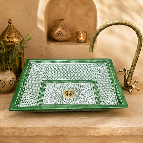 Emerald Scale Rectangular Ceramic Vessel Sink – Moroccan Green Artisan Basin