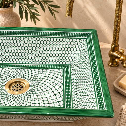 Emerald Scale Rectangular Ceramic Vessel Sink – Moroccan Green Artisan Basin