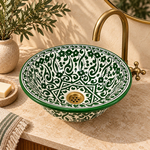 Verdant Riad Floral Ceramic Vessel Sink – Green & White Artisan Basin