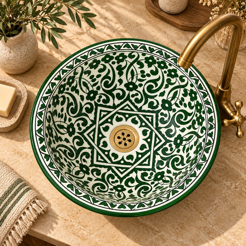 Verdant Riad Floral Ceramic Vessel Sink – Green & White Artisan Basin