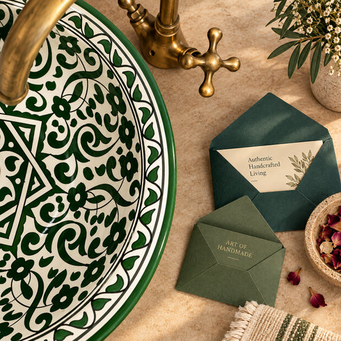 Verdant Riad Floral Ceramic Vessel Sink – Green & White Artisan Basin