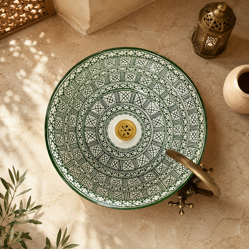 Emerald Mosaic Moroccan Vessel Sink – Green Geometric Ceramic Basin