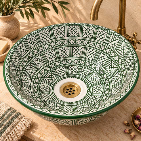 Emerald Mosaic Moroccan Vessel Sink – Green Geometric Ceramic Basin