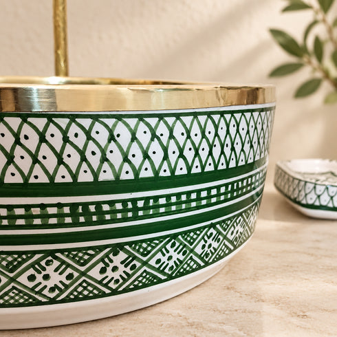 Hand-Painted Moroccan Ceramic Vessel Sink – Green & Brass
