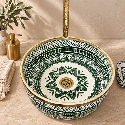 Hand-Painted Moroccan Ceramic Vessel Sink – Green & Brass