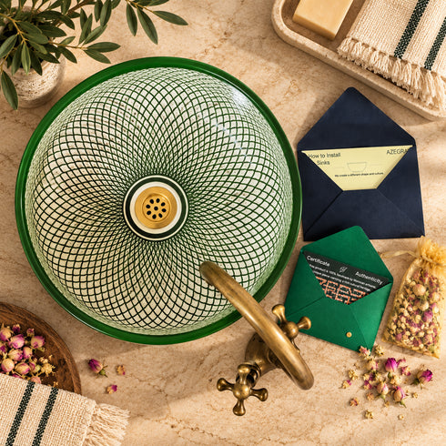 Hand-Painted Moroccan Ceramic Vessel Sink – Green Geometric Design