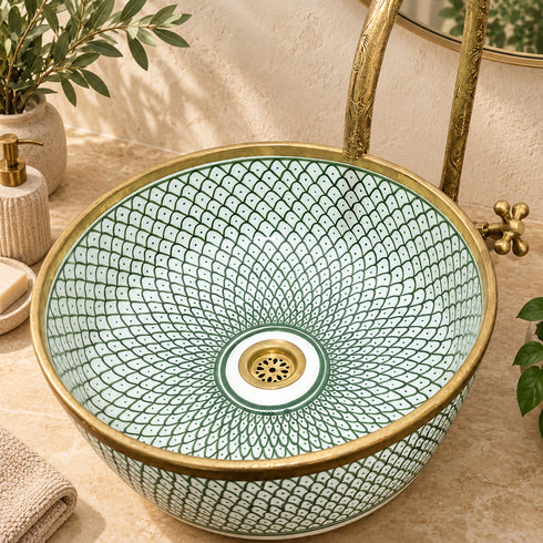 Hand-Painted Moroccan Ceramic Vessel Sink – Green Scale Pattern with Brass Rim