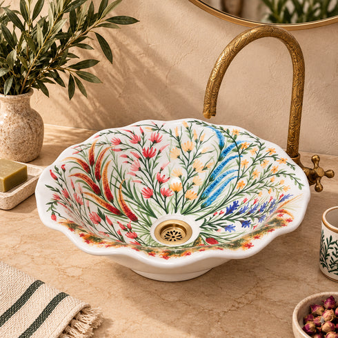 Hand-Painted Moroccan Floral Ceramic Vessel Sink – Scalloped Design