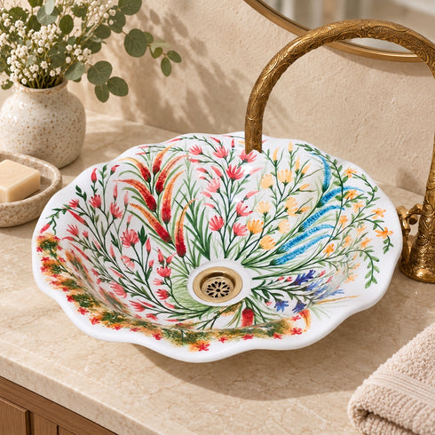 Hand-Painted Moroccan Floral Ceramic Vessel Sink – Scalloped Design