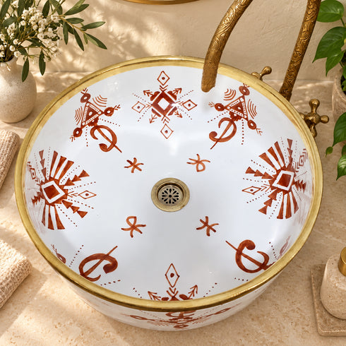 Hand-Painted Moroccan Ceramic Vessel Sink – Terracotta Berber Motif with Brass Rim
