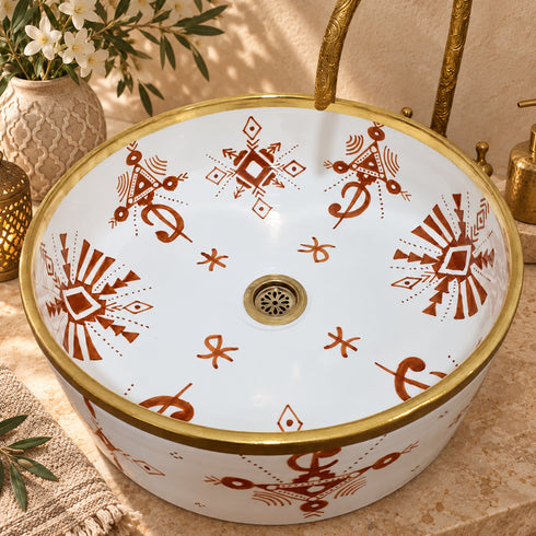 Hand-Painted Moroccan Ceramic Vessel Sink – Terracotta Berber Motif with Brass Rim