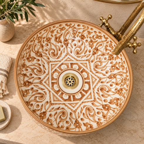 Hand-Painted Moroccan Ceramic Vessel Sink – Brown Floral Arabesque Design