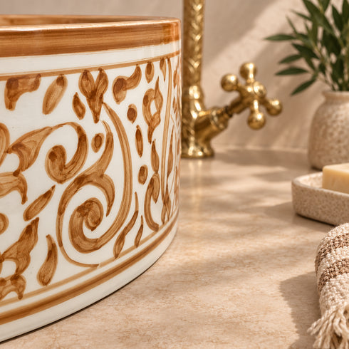 Hand-Painted Moroccan Ceramic Vessel Sink – Brown Floral Arabesque Design