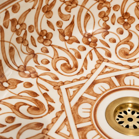 Hand-Painted Moroccan Ceramic Vessel Sink – Brown Floral Arabesque Design