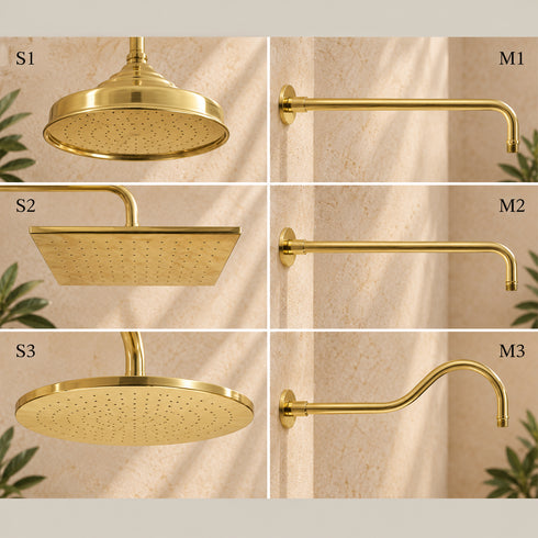 Handcrafted Brass Rain Shower System – Round Shower Head with Curved Wall Arm