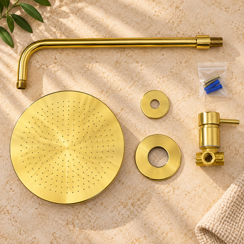 Handcrafted Brass Rain Shower System – Round Shower Head with Curved Wall Arm