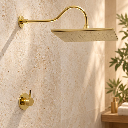 Handcrafted Brass Rain Shower System – Round Shower Head with Curved Wall Arm