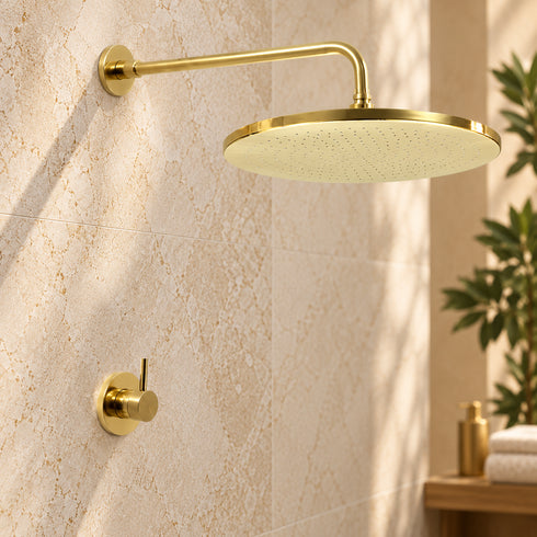 Handcrafted Brass Rain Shower System – Round Shower Head with Curved Wall Arm