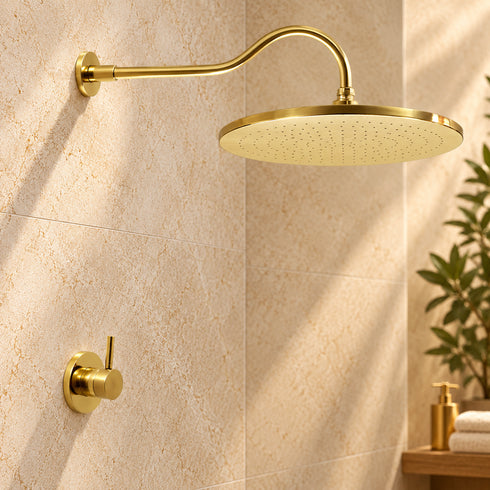 Handcrafted Brass Rain Shower System – Round Shower Head with Curved Wall Arm