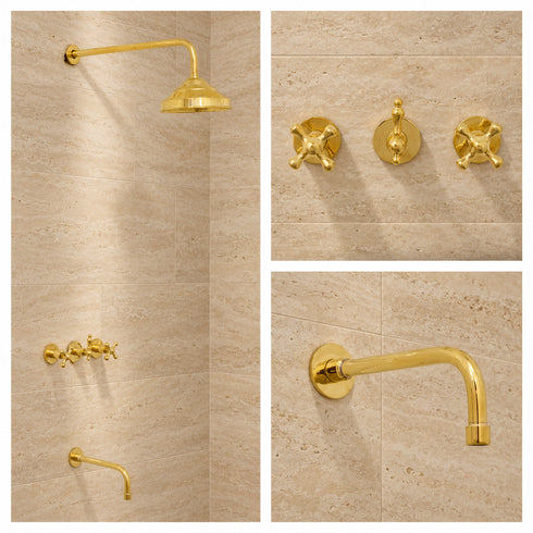 Complete Brass Shower System – Round Rain Shower Head with Cross Handles & Tub Spout