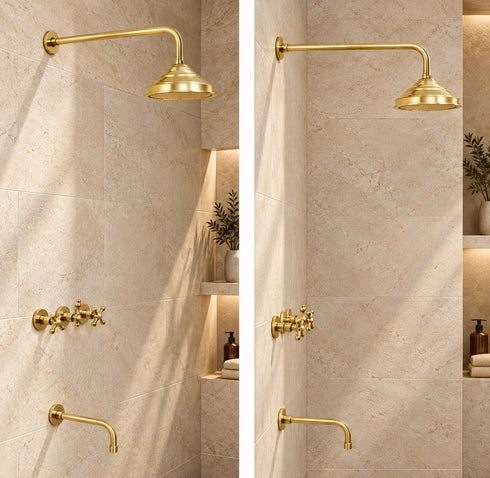 Complete Brass Shower System – Round Rain Shower Head with Cross Handles & Tub Spout
