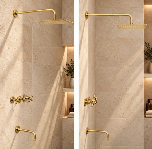 Complete Brass Shower System – Round Rain Shower Head with Cross Handles & Tub Spout