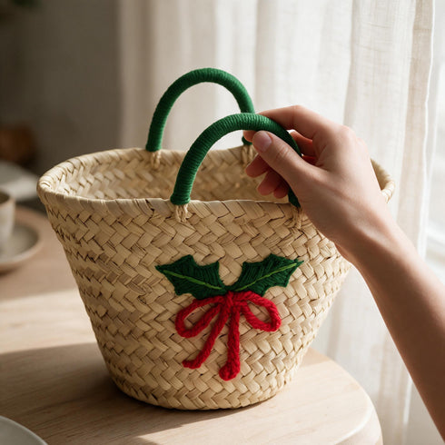 Straw Basket, Moroccan Woven Bag, Holiday Gift Basket, Handmade Palm Leaf Tote