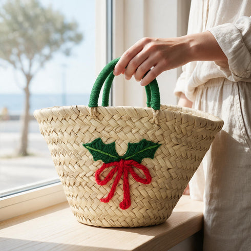Straw Basket, Moroccan Woven Bag, Holiday Gift Basket, Handmade Palm Leaf Tote