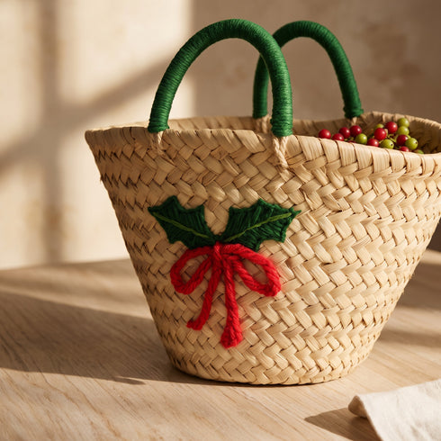 Straw Basket, Moroccan Woven Bag, Holiday Gift Basket, Handmade Palm Leaf Tote