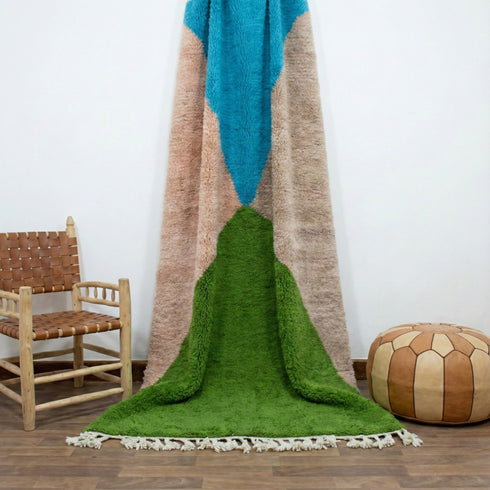 Colorful Moroccan Rug, Geometric Berber Area Rug, Green Blue brown Color Block Carpet