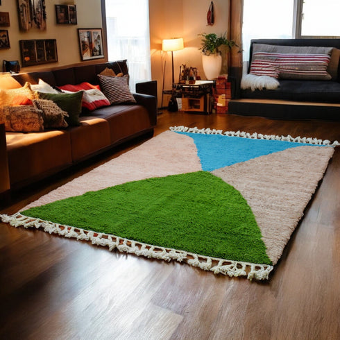 Colorful Moroccan Rug, Geometric Berber Area Rug, Green Blue brown Color Block Carpet