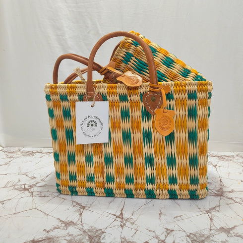Handwoven Moroccan Straw Tote Bag – Teal, Yellow & Natural Beige