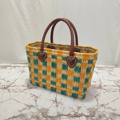 Handwoven Moroccan Straw Tote Bag – Teal, Yellow & Natural Beige
