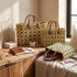 Handwoven Moroccan Straw Tote Bag – Teal, Yellow & Natural Beige