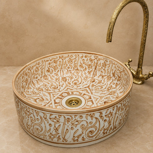 Desert Bloom Ceramic Vessel Sink – Sand Floral Moroccan Basin